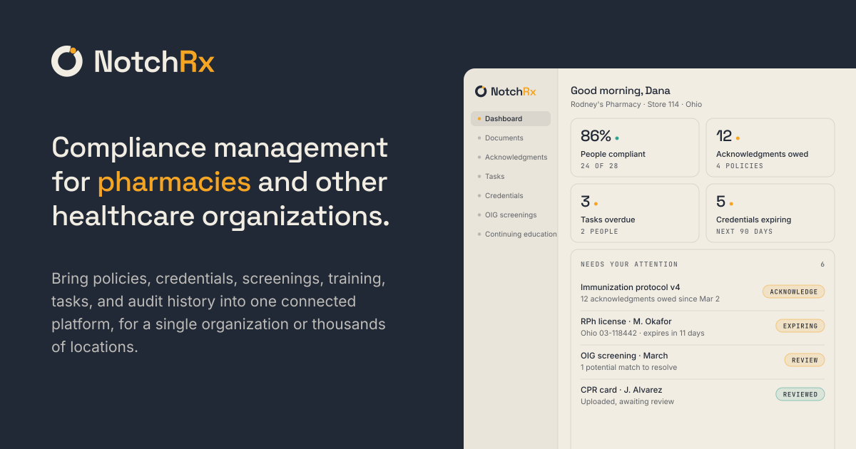 NotchRx overview graphic: compliance management for pharmacies and other healthcare organizations, with a view of the administrator dashboard.