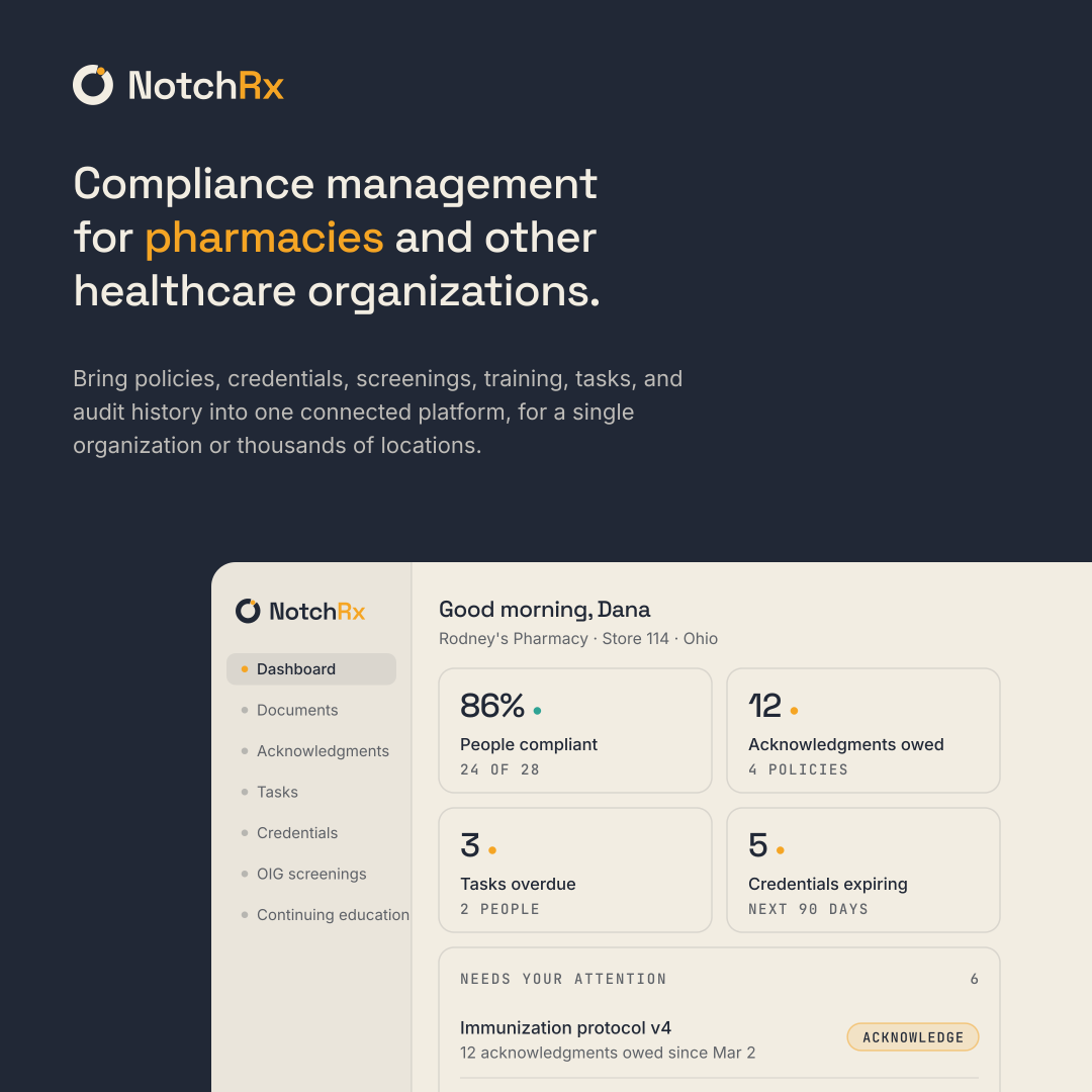 NotchRx overview graphic: the headline and a view of the administrator dashboard. Square cut.